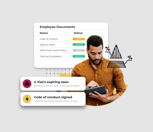 A graphic featuring a man using a tablet, alongside notifications for employee documents