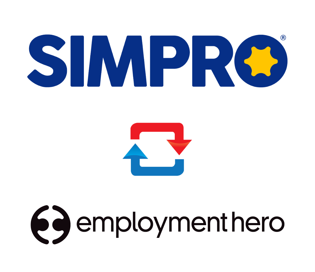 Logos of SimPRO and Employment Hero connected by a two-way arrow