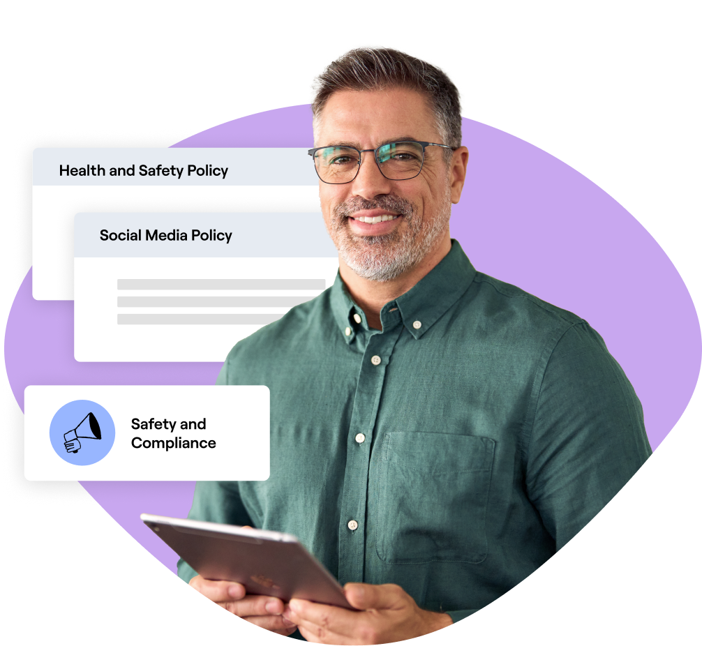 Smiling man holding a tablet, with icons for Health and Safety Policy, Social Media Policy, and Safety and Compliance in the background