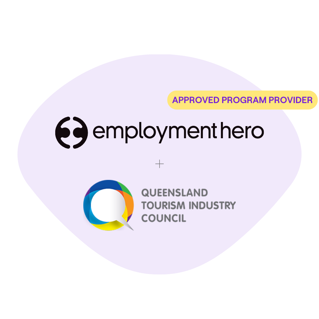 A graphic featuring the Employment Hero logo alongside the Queensland Tourism Industry Council logo, indicating an approved partnership or collaboration.
