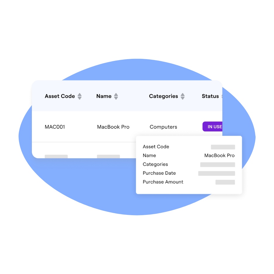 Asset management screen showing details for a MacBook Pro, including asset code, category, status, and purchase information.
