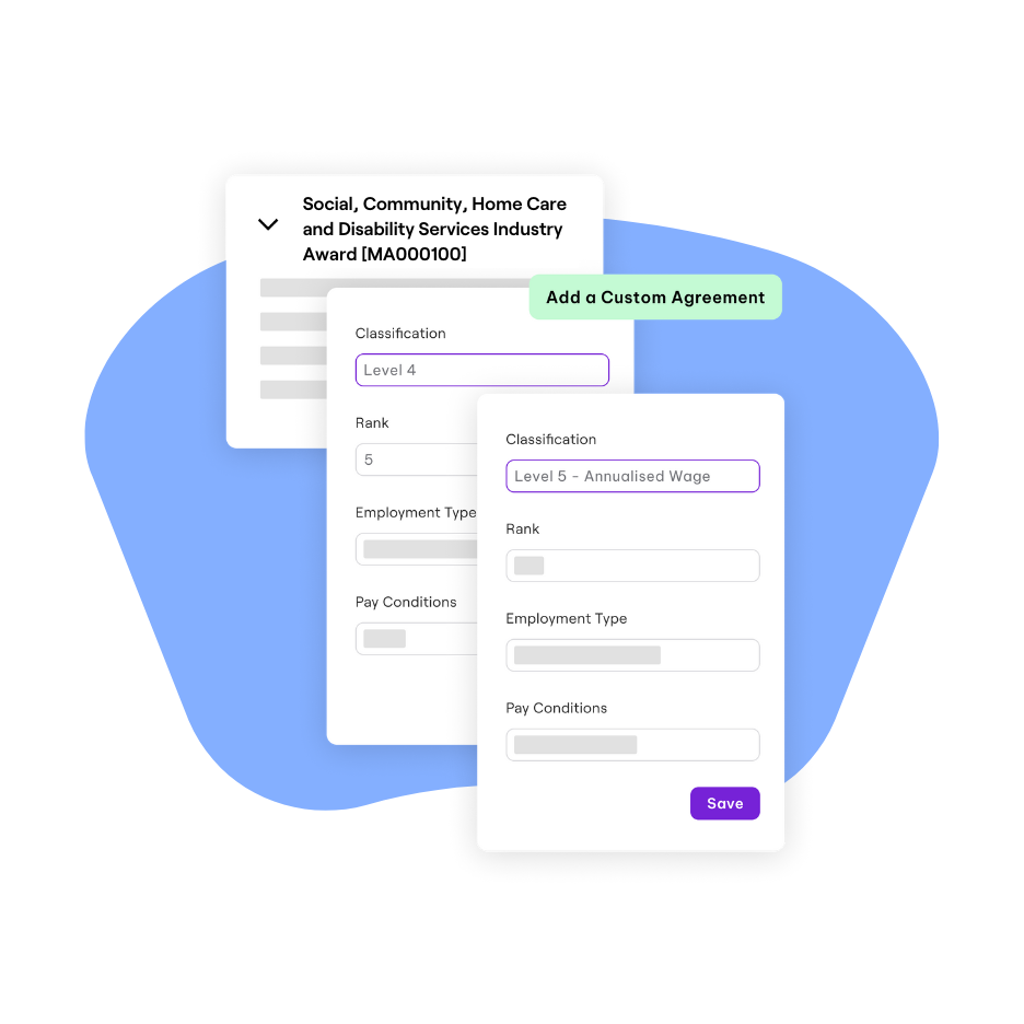 Form for managing employee classifications and pay conditions under the Social, Community, Home Care, and Disability Services Industry Award, with options to add a custom agreement