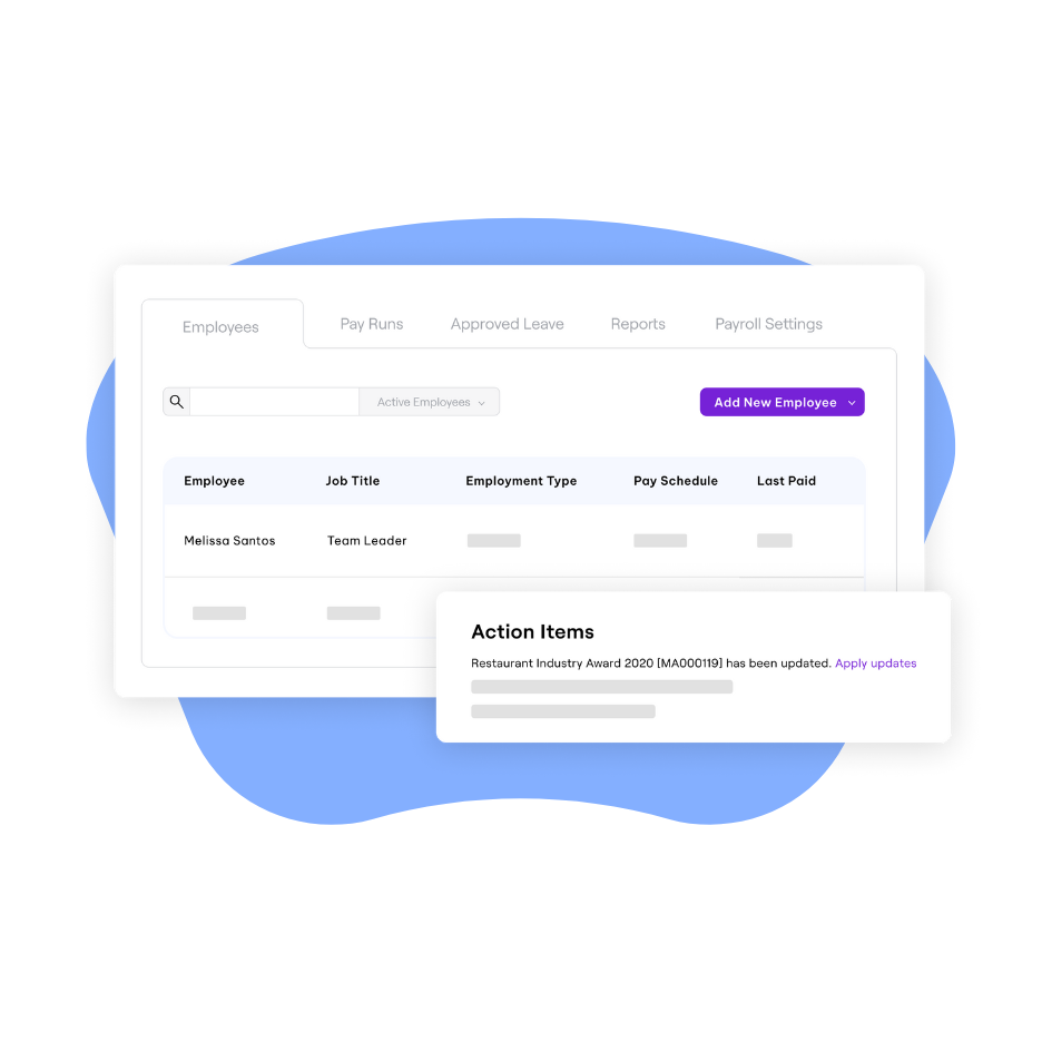 A payroll management dashboard showing employee details like job title, employment type, and pay schedule, with a notification for an action item about industry award updates.