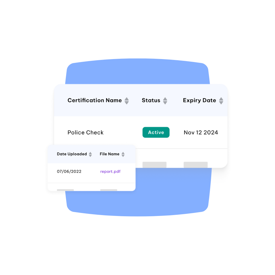 Certification management screen showing an active police check with its expiry date and an uploaded report file.