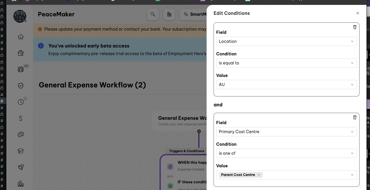 expense workflow cost centre