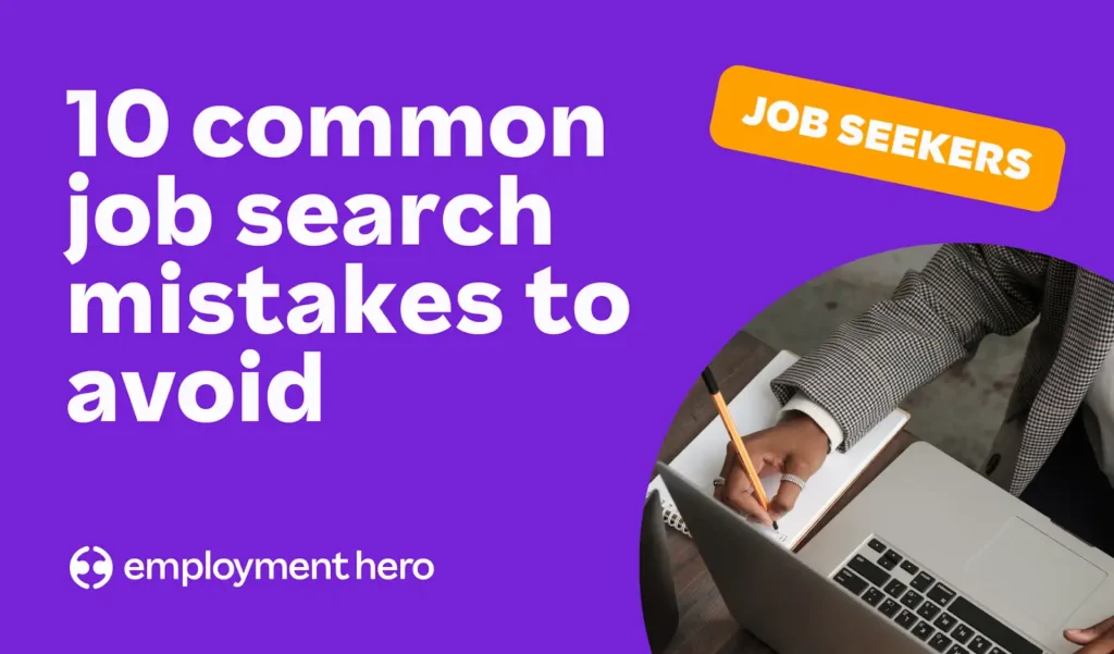Purple background with bold text: "10 common job search mistakes to avoid." A person writes in a notebook beside a laptop, highlighting the "Job Seekers" theme.