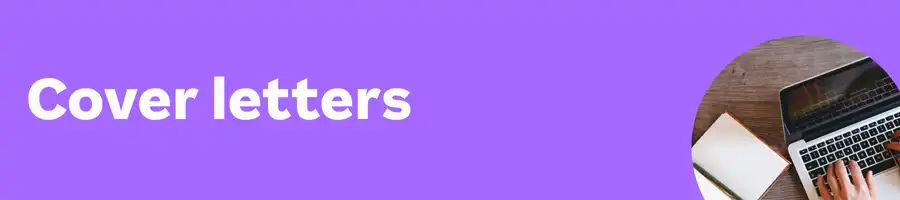 Purple banner with "Cover letters" in white text on the left. On the right, a person types on a laptop with a notebook beside it, suggesting productivity.