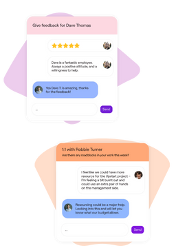 Employee feedback and 1-on-1 chat interface showing performance review and discussion.