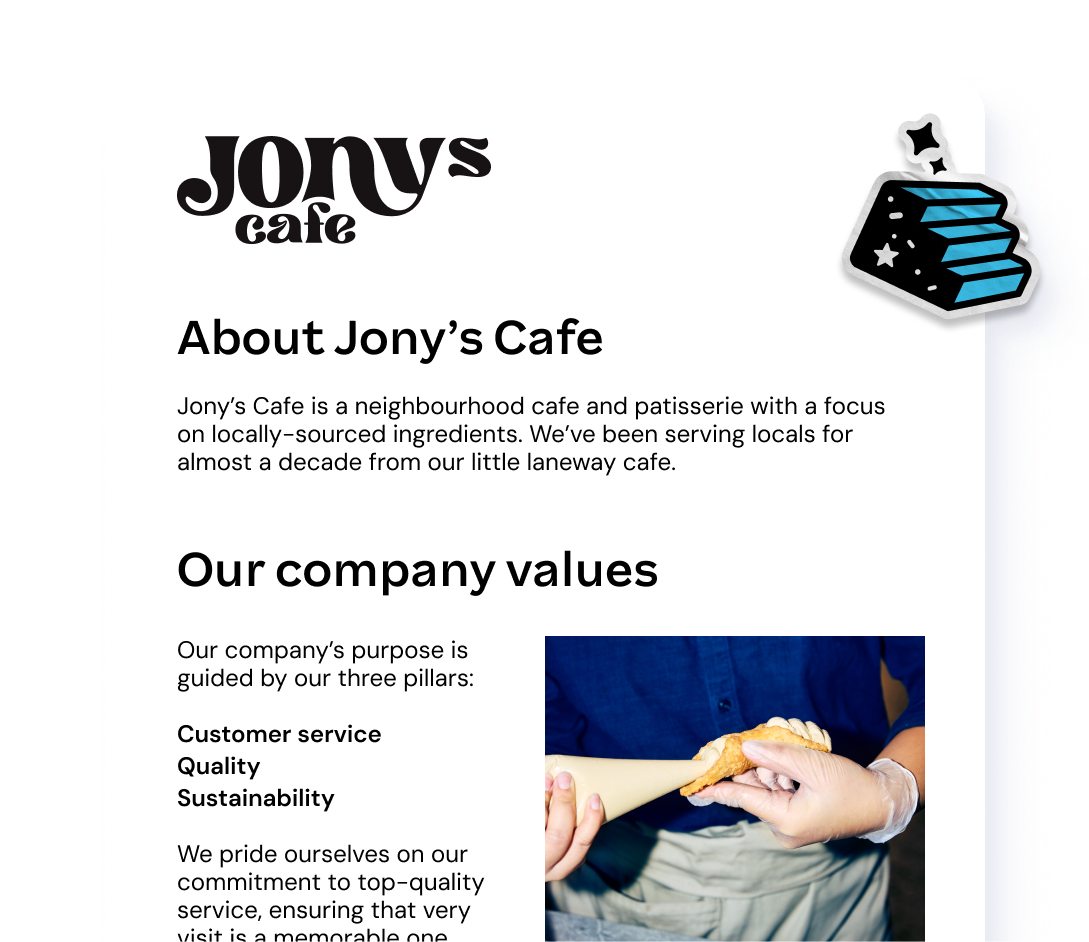 A document about Jony's Cafe. It details their locally-sourced ingredients, decade of service, and company values: Customer service, Quality, and Sustainability