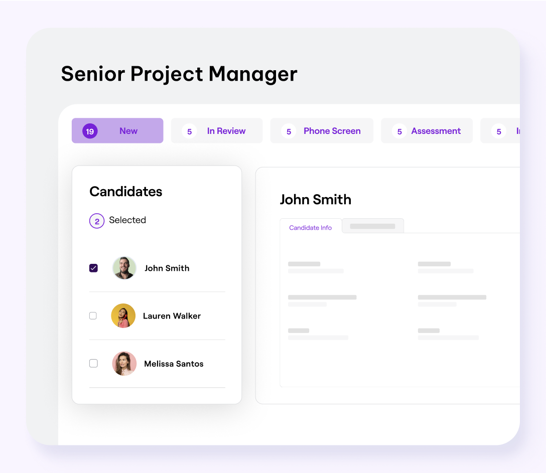 An online hiring dashboard for a "Senior Project Manager" shows candidate stages like "New," "In Review," "Phone Screen." "John Smith" is selected from the candidate list.