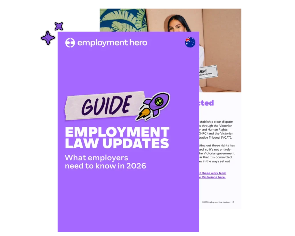 A stacked preview graphic of the Employment Hero guide covering key employment law changes in 2026 and what Australian employers need to know.