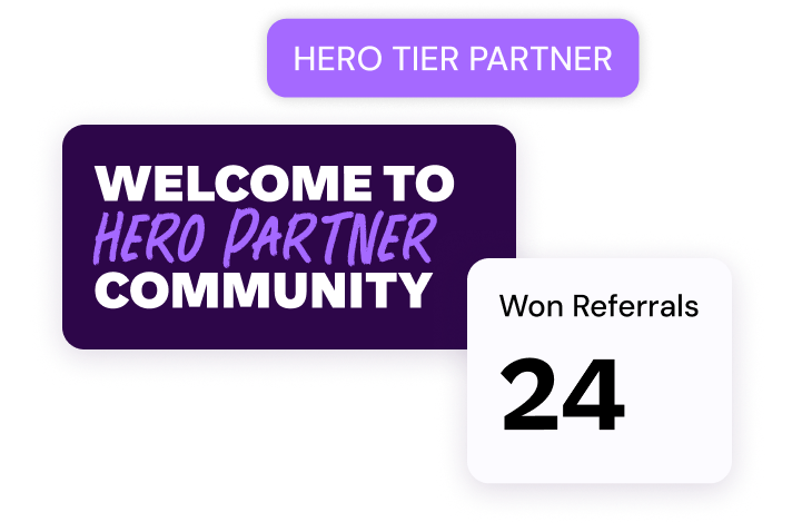 Hero Tier Partner badge with the text 'Welcome to Hero Partner Community' and a stat box showing 'Won Referrals: 24'.