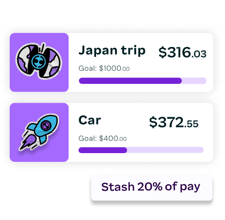 Two progress bars show savings goals: "Japan trip" ($316.03 of $1000.00) and "Car" ($372.55 of $400.00), with a text box "Stash 20% of pay.
