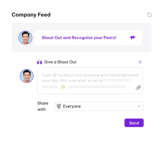 A user interface displaying a "Company Feed" section where employees can give shout-outs to peers. The UI includes a text box for tagging colleagues and a dropdown to choose the audience for the message.
