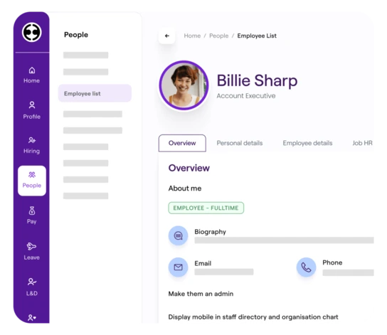 A digital employee profile page for "Billie Sharp, Account Executive," featuring sections like biography, email, and phone. A sidebar provides navigation for different HR functionalities, including hiring, leave, and payroll.