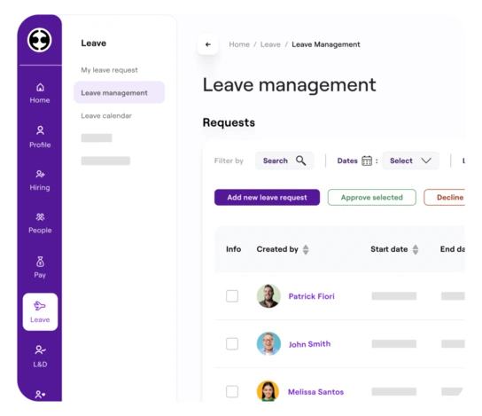 A screenshot of a leave management interface displaying employee leave requests, with options to approve, decline, or filter requests, representing leave administration.