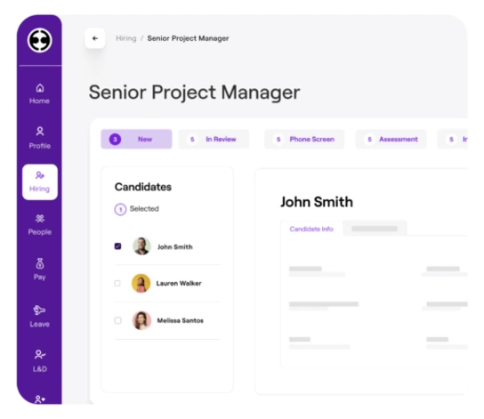 Applicant tracking system (ATS) interface for a Senior Project Manager position, showing candidate selection and hiring process stages.