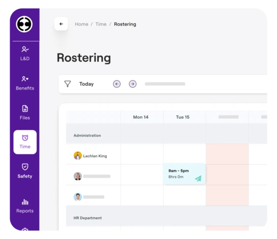 A screenshot of a rostering interface showing employee shifts, dates, and times, representing shift management and scheduling.