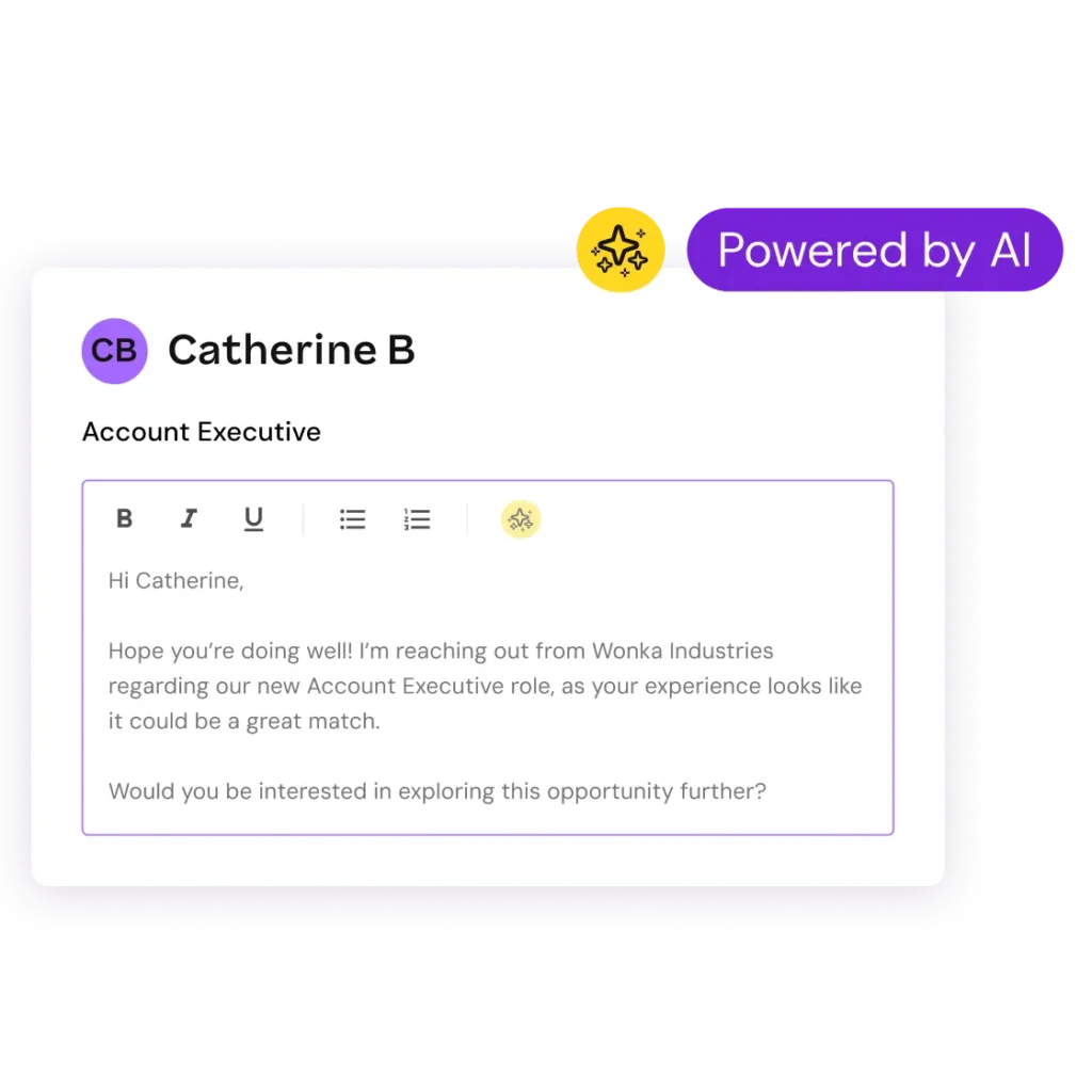 AI-powered interface displaying a draft message to candidate Catherine B about an Account Executive role.