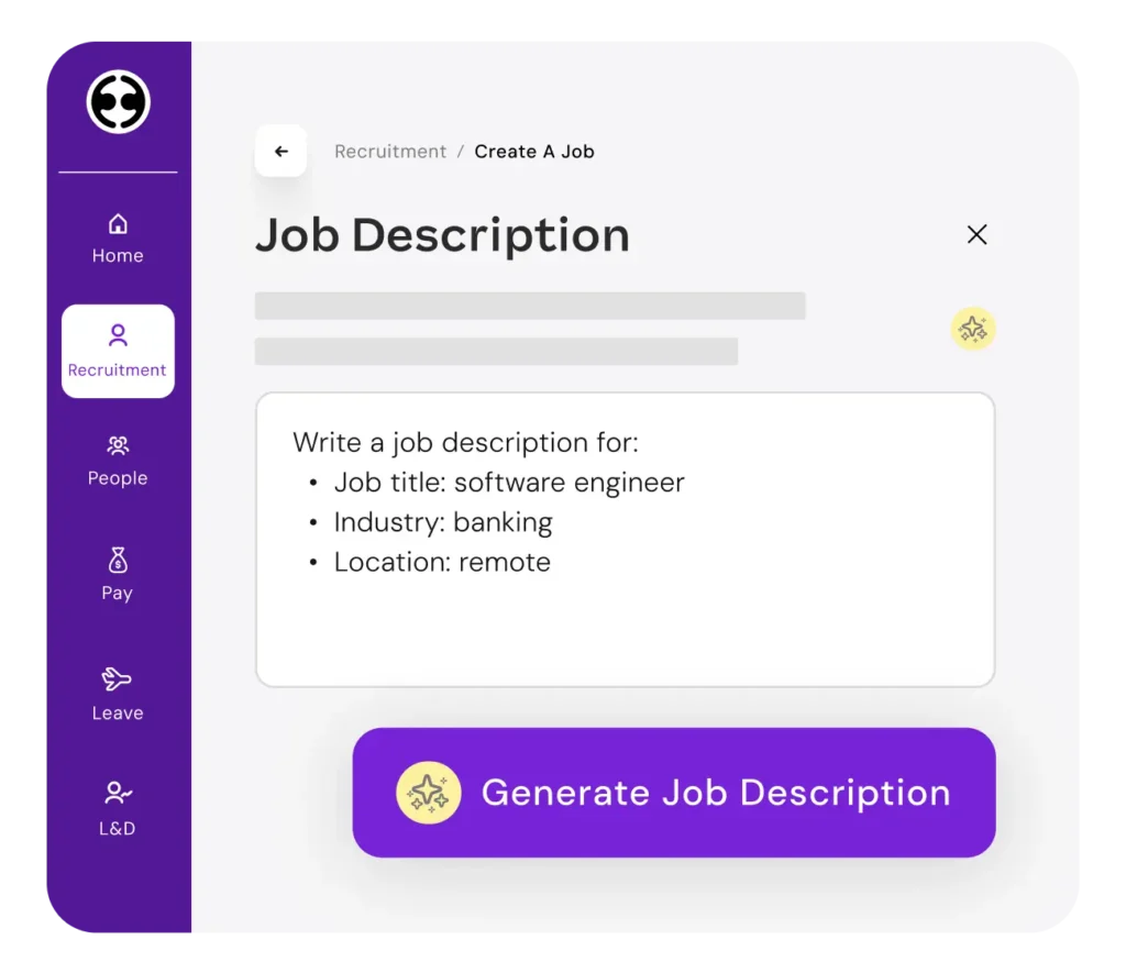 Recruitment interface with AI prompt to generate a job description for a remote software engineer in banking.