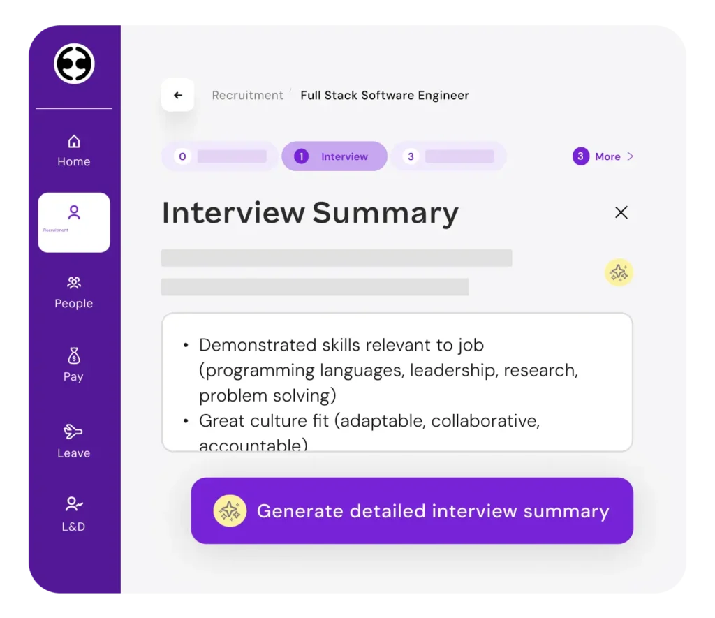 Interview summary interface showing candidate skills and culture fit, with a button to generate a detailed summary.