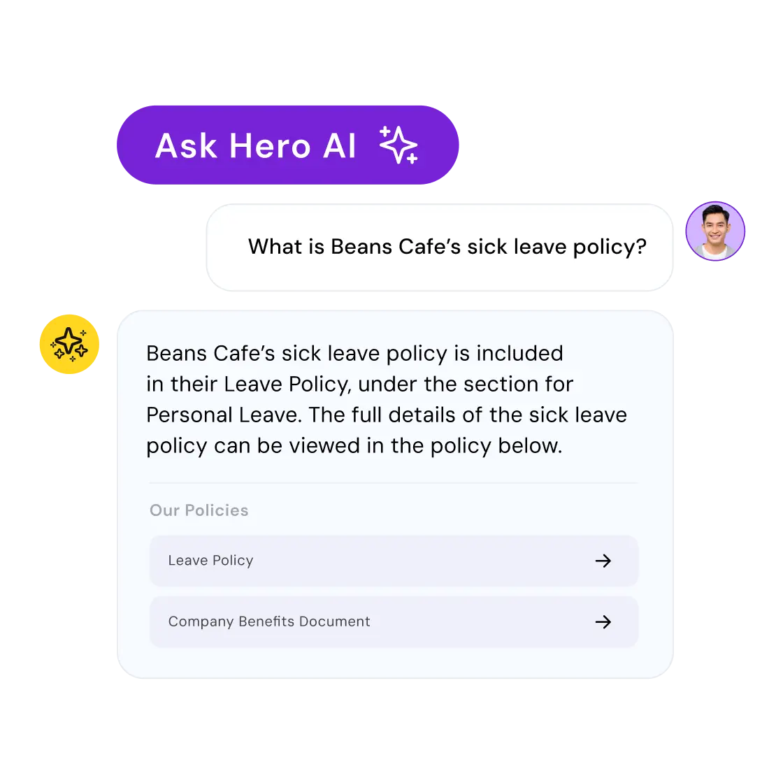 Hero AI responds to a sick leave policy question with a summary and links to the Leave Policy and Company Benefits Document.