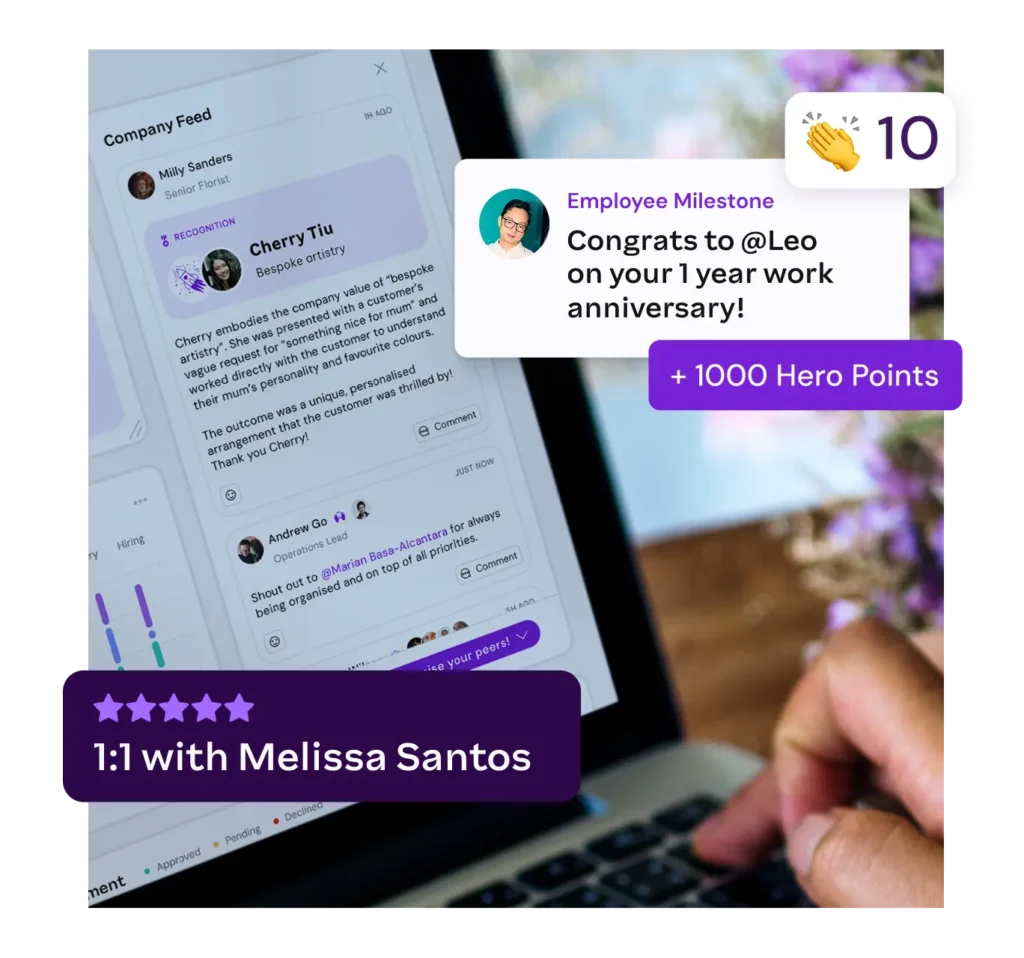 Company feed showing employee recognition, a 1:1 meeting with Melissa Santos, and a milestone award with Hero Points for Leo.