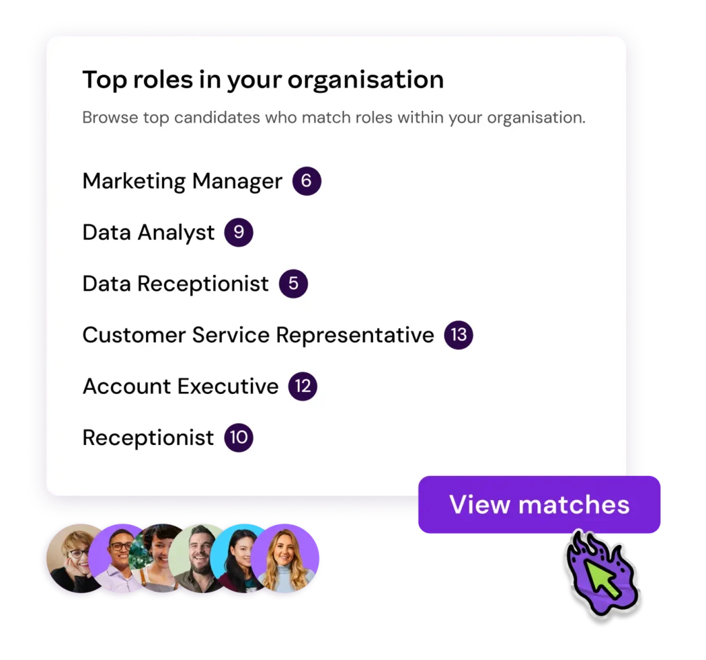 List of top roles with candidate matches, including Marketing Manager and Data Analyst, with a “View matches” button.