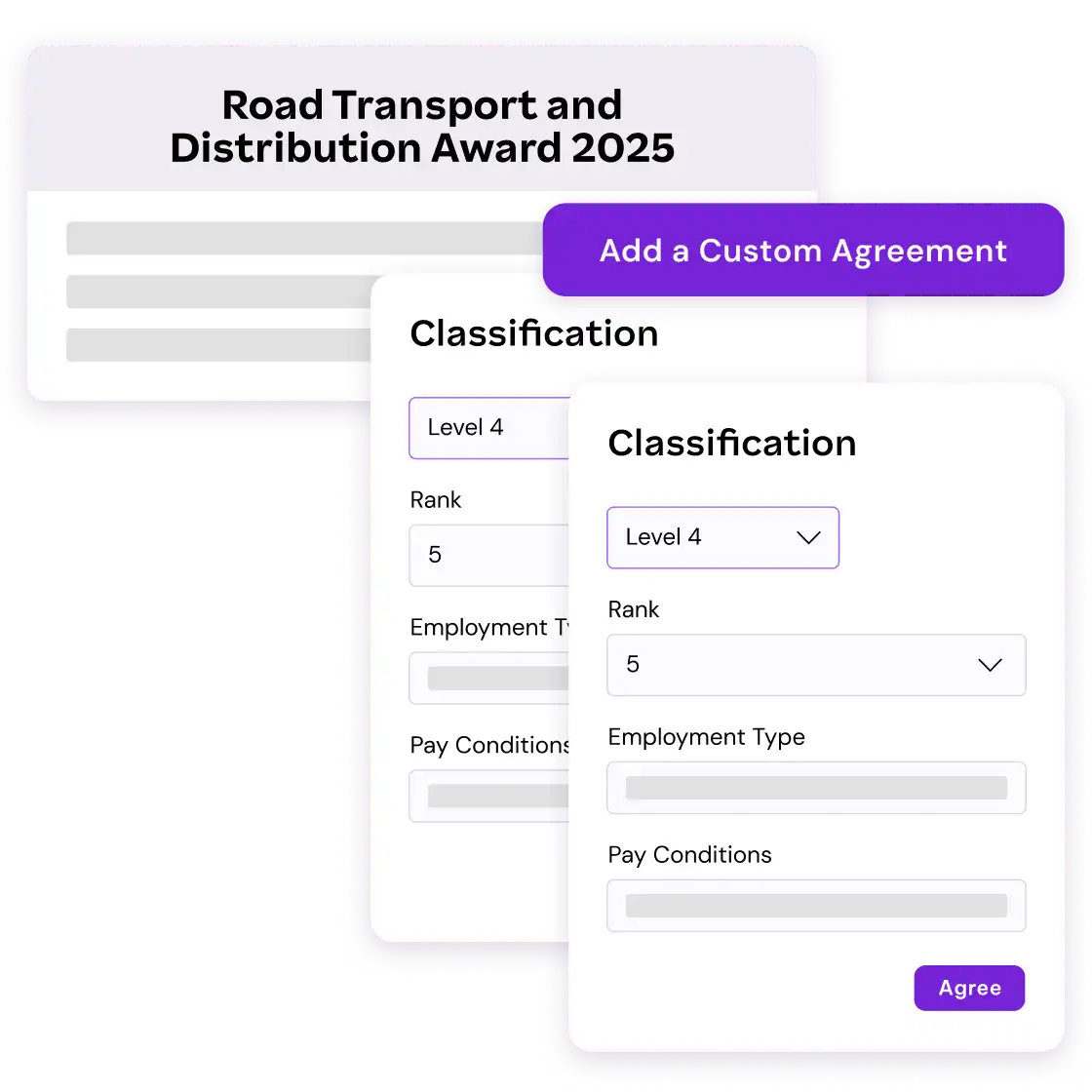 A layered graphic shows a "Road Transport and Distribution Award 2025" header with two overlapping forms titled "Classification" featuring dropdowns and fields.