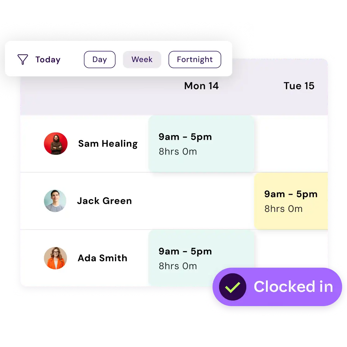 A work schedule interface shows employee names with shift times from 9am to 5pm. A purple badge with a check mark says "Clocked in."