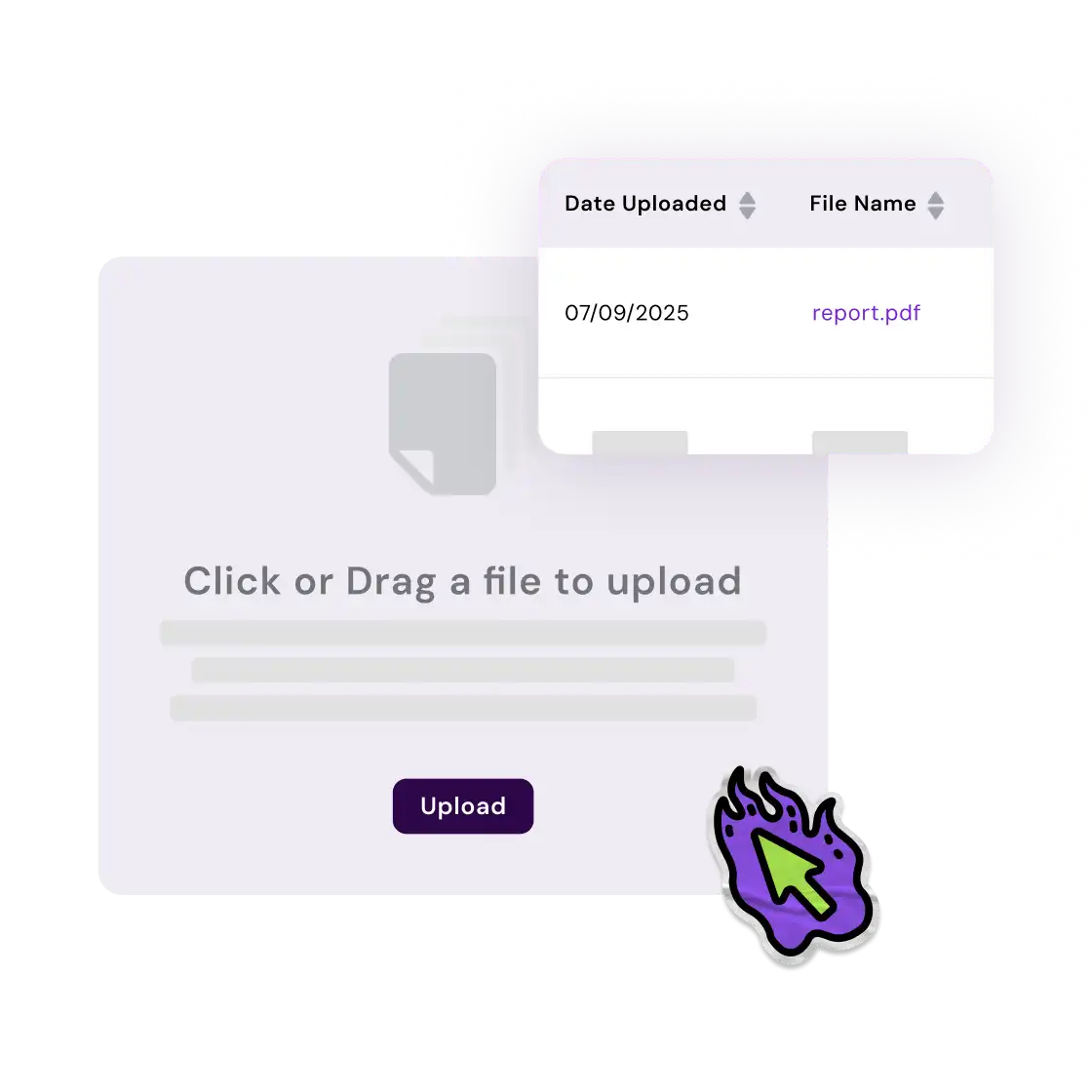 A digital interface showing a file upload box labeled "Click or Drag a file to upload." A date "07/09/2025" and file name "report.pdf" appear above.