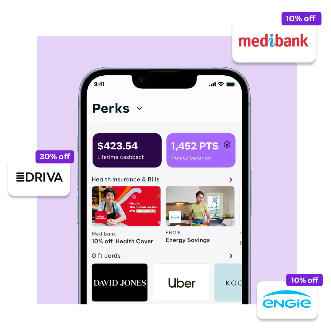 Smartphone displaying a rewards app offering perks like lifetime cashback and points. Discounts shown for Driva, Medibank, and Engie.