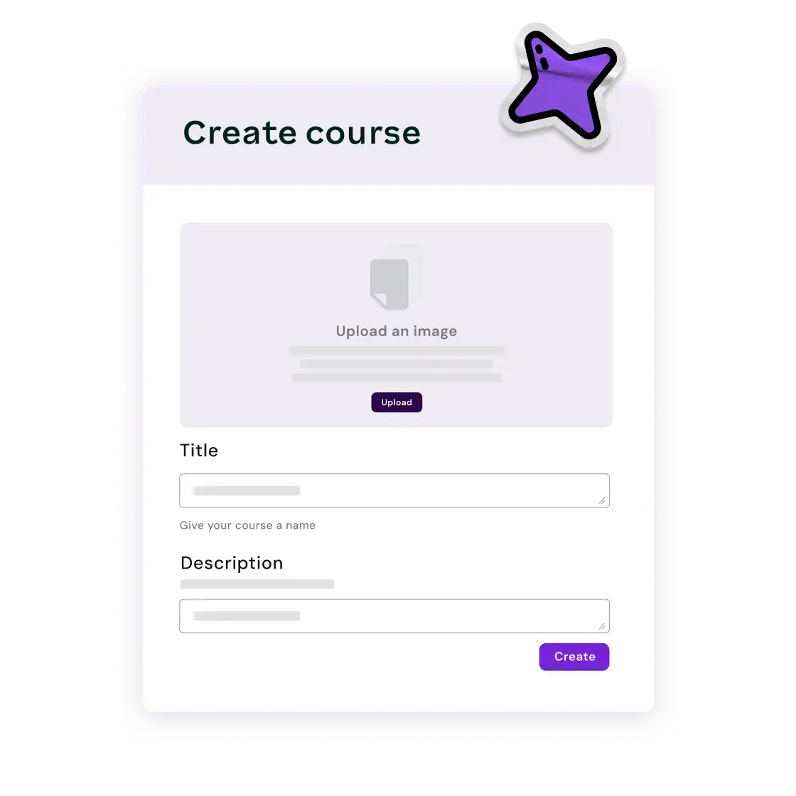 User interface for creating a course. Features fields for image upload, course title, and description. Purple accents add a modern, sleek look.