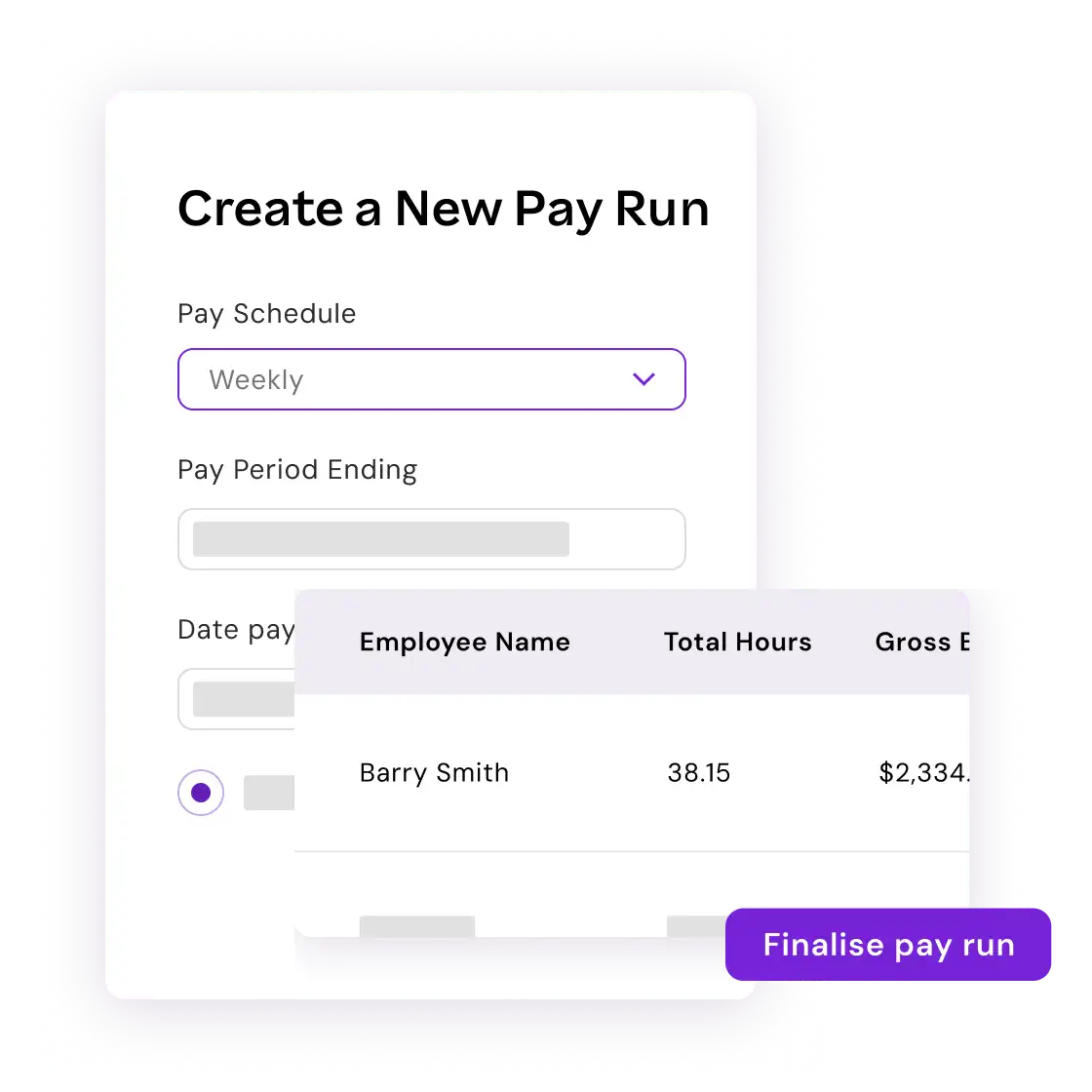 Form for creating a new pay run with dropdown for weekly schedule, fields for pay period and date, and table showing employee details and total earnings.