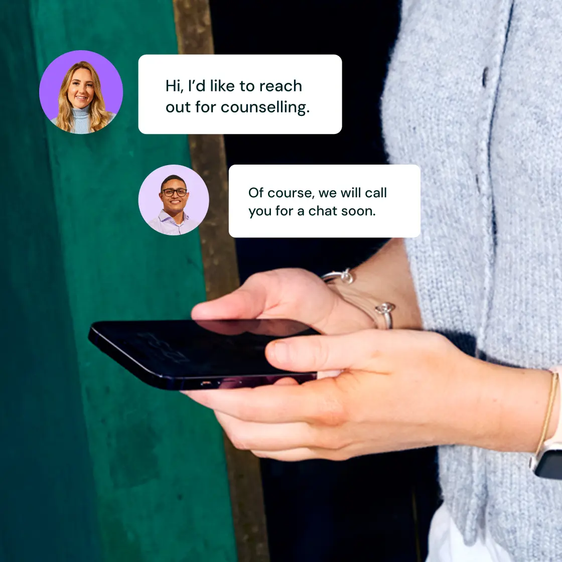 A woman holding a phone messages a counselor about reaching out for support; the counselor replies affirmatively.