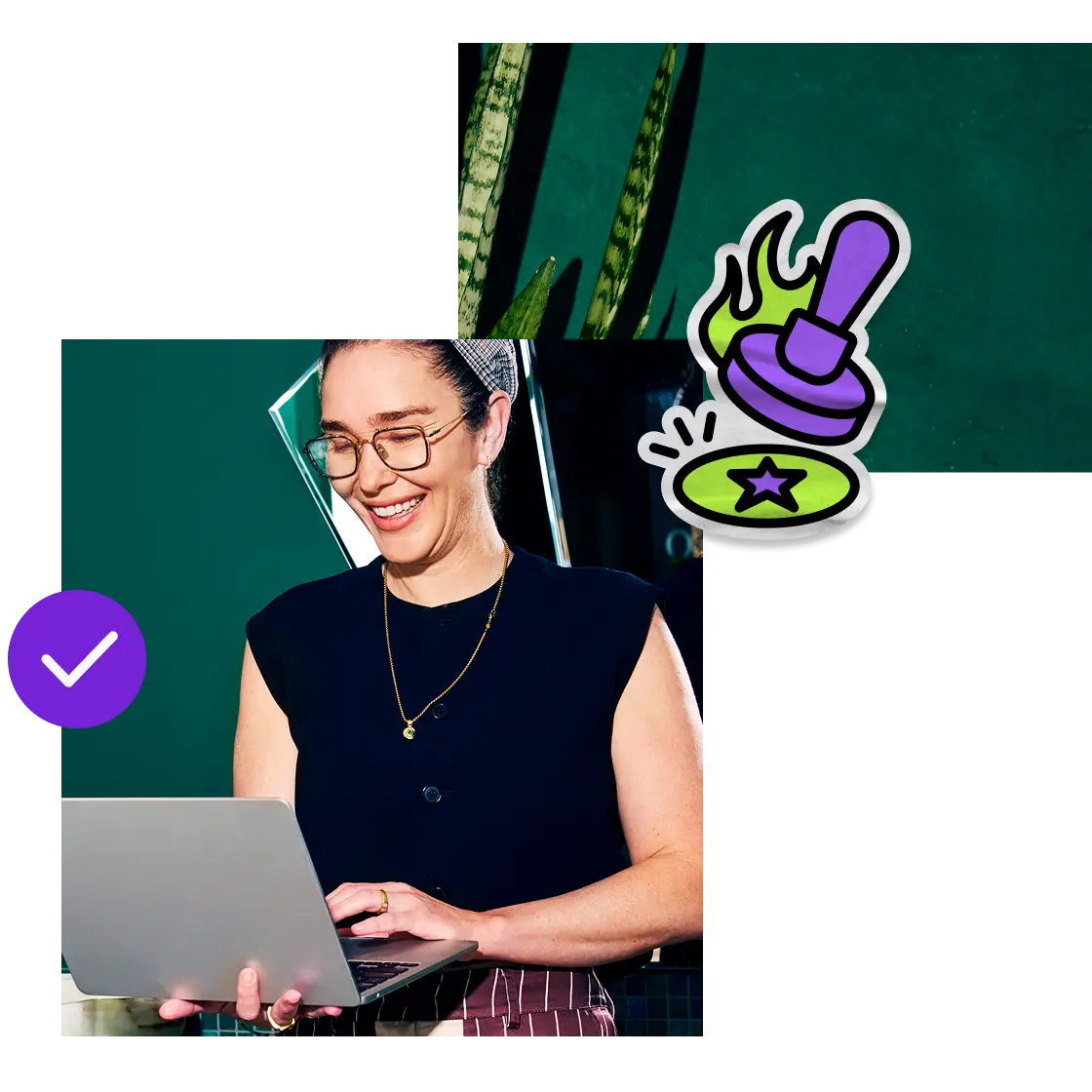 A smiling woman uses a laptop, with cartoon-style icons indicating support and verified assistance.