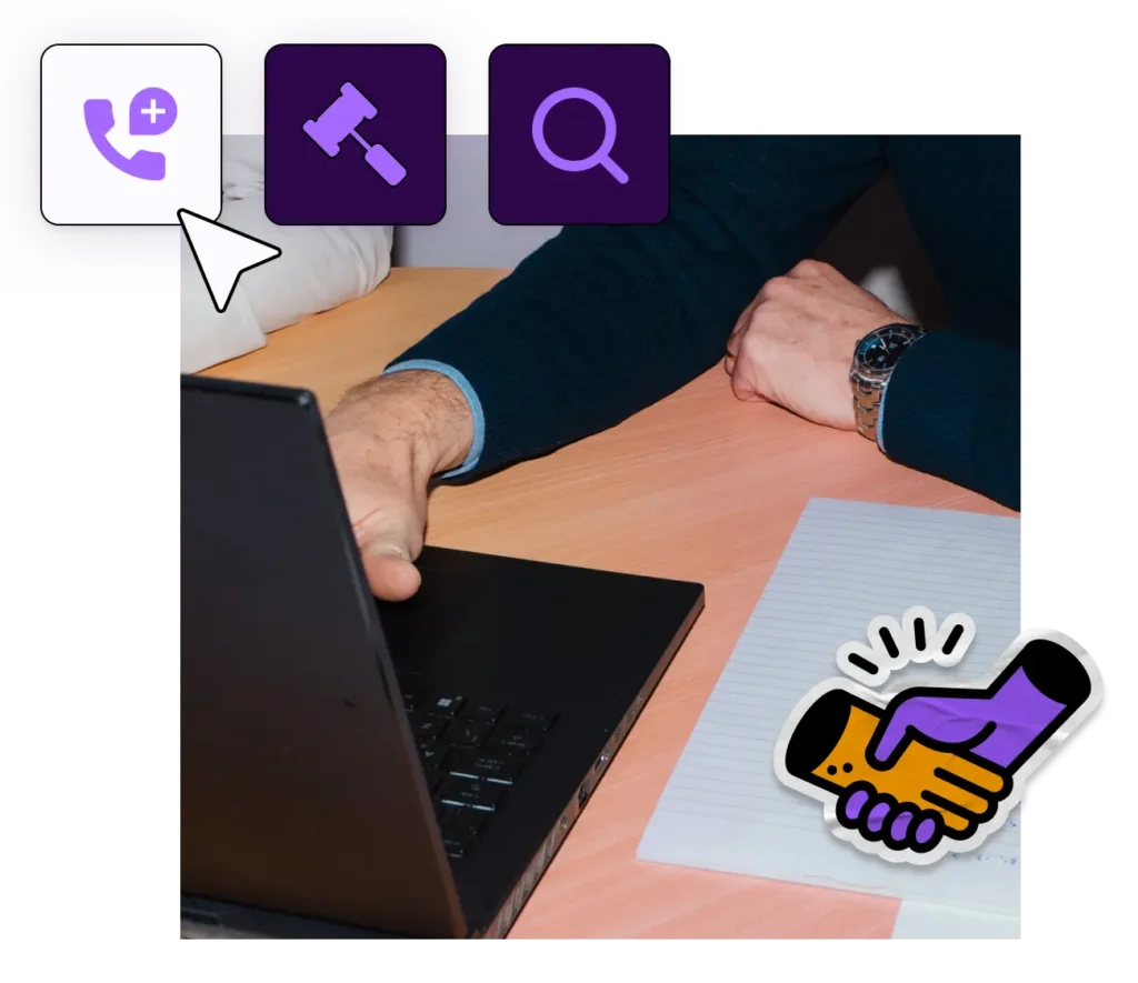 A man uses a laptop with icons for calling, legal help, and search, alongside a handshake sticker symbolizing support.