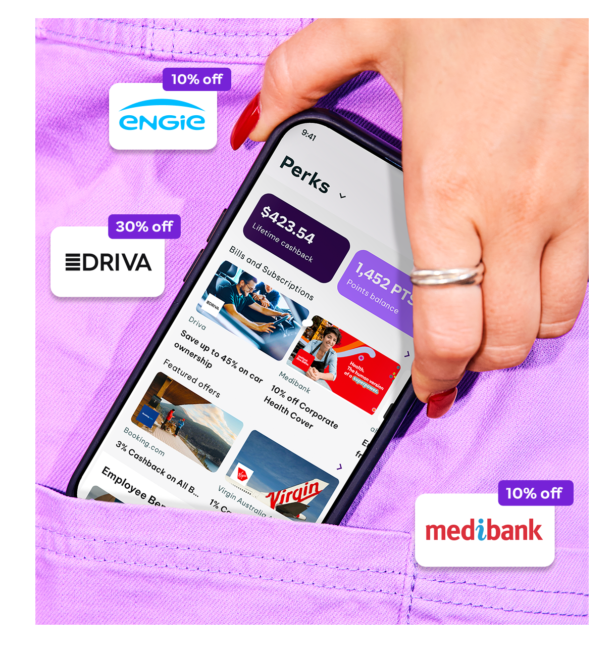 Phone screen showing perks app with discounts like 30% off Driva, 10% off Medibank and Engie, plus cashback and points balance.