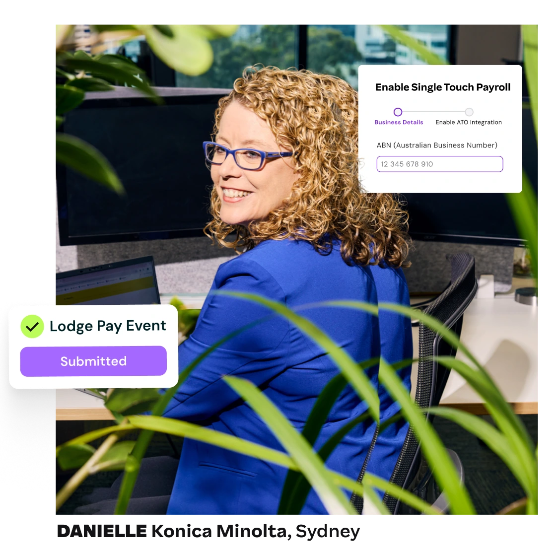 Smiling woman at desk with onscreen prompts showing Single Touch Payroll setup and lodged pay event status.