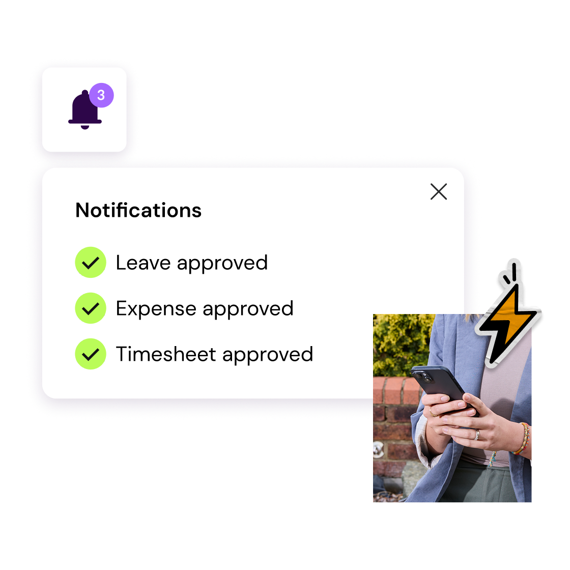 Notification panel showing approvals for leave, expense, and timesheet, alongside a person holding a phone.