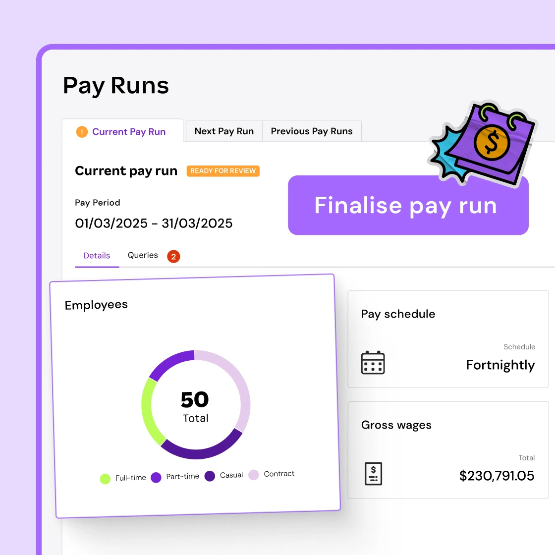 Payroll dashboard showing current pay run details, employee summary, pay schedule, and a “Finalise pay run” button