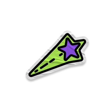 A stylized illustration of a green shooting star with a purple starhead and black outline.