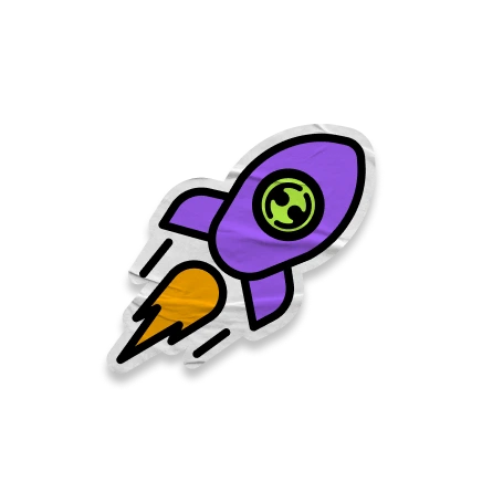 A stylized purple rocket with an orange flame and a green circular emblem on its body.