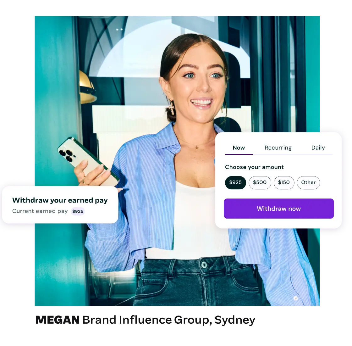 A smiling woman holds a phone, next to app interface options for withdrawing earned pay in selected amounts.