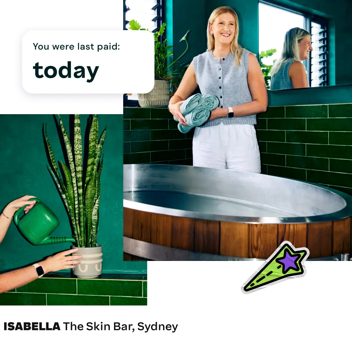 A woman stands in a green-tiled bathroom holding towels, with overlay text indicating she was last paid today.
