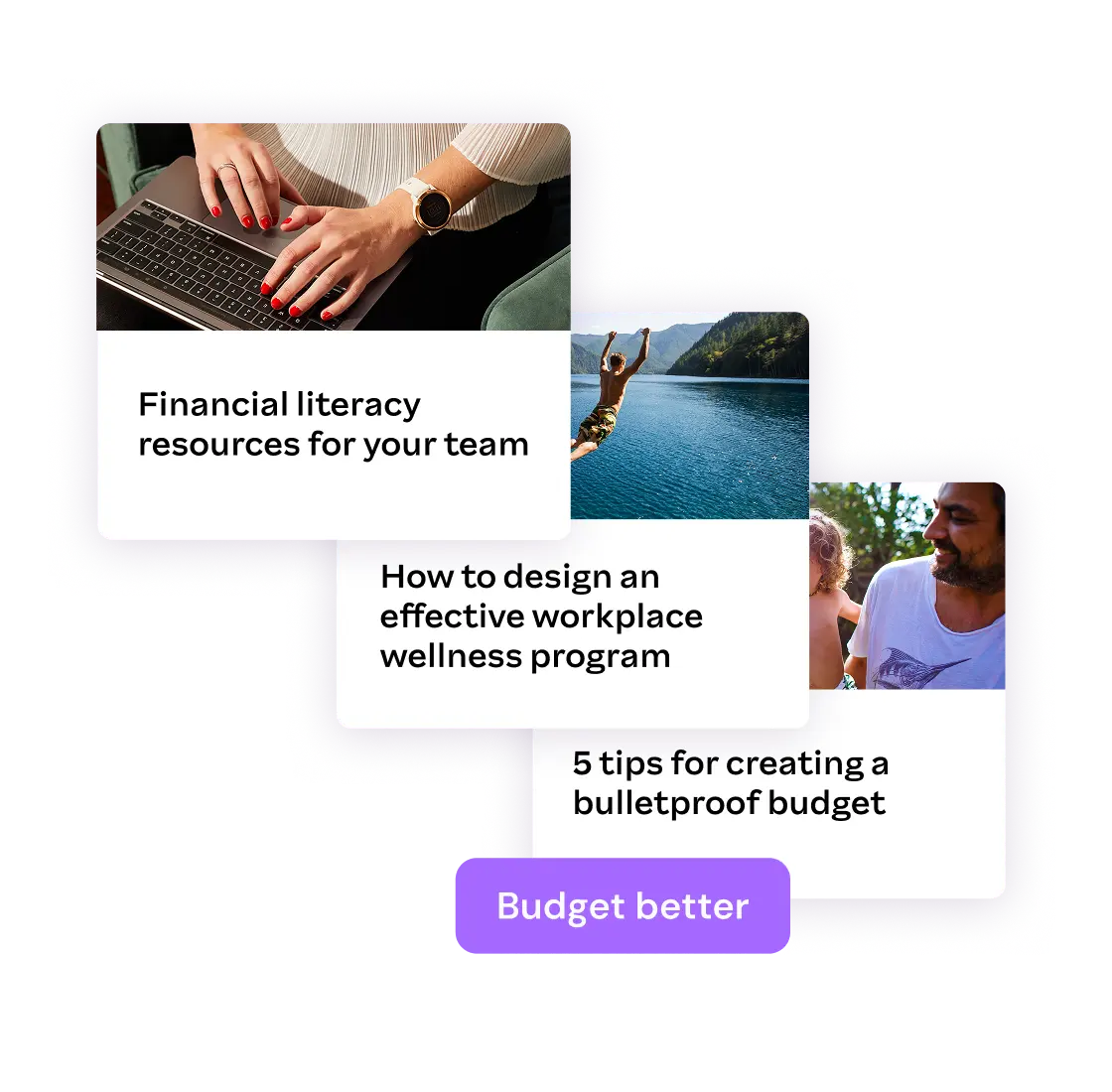 A collage of tips for budgeting and wellness, with titles like “Financial literacy resources” and “5 tips for creating a bulletproof budget.”