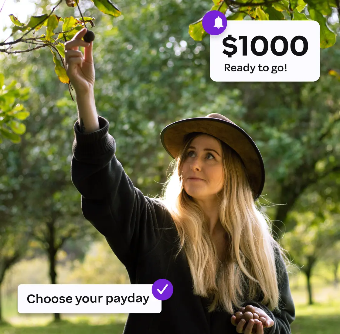  A woman in a hat reaches up to pick fruit in a lush orchard, with $1000 ready to go and “Choose your payday” shown.