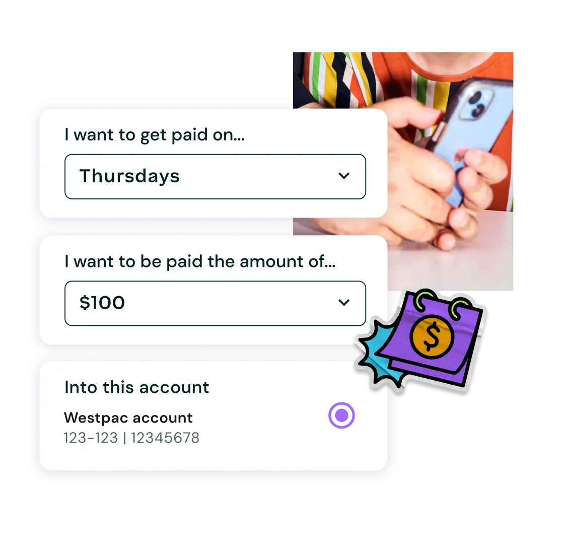 Mobile app interface with user selecting a preferred payday, payment amount, and account details for receiving pay.