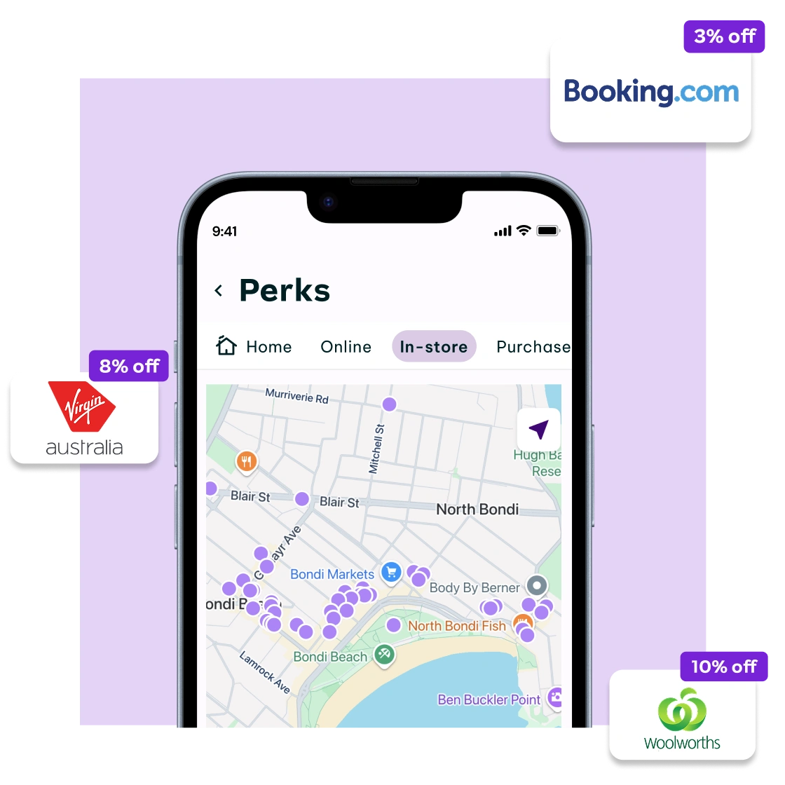 Smartphone screen showing a perks map with discount offers from Virgin Australia, Booking.com, and Woolworths.