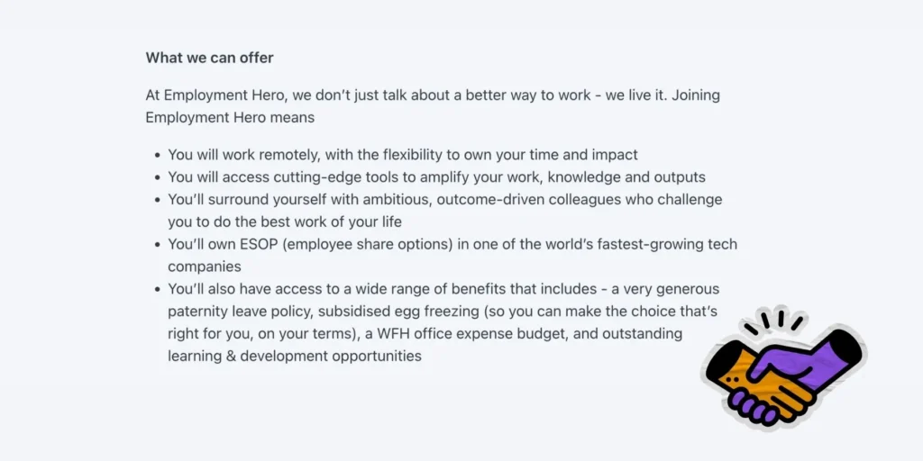Employment Hero job ad benefits list, including remote work, ESOP, and learning opportunities. Handshake graphic at bottom.